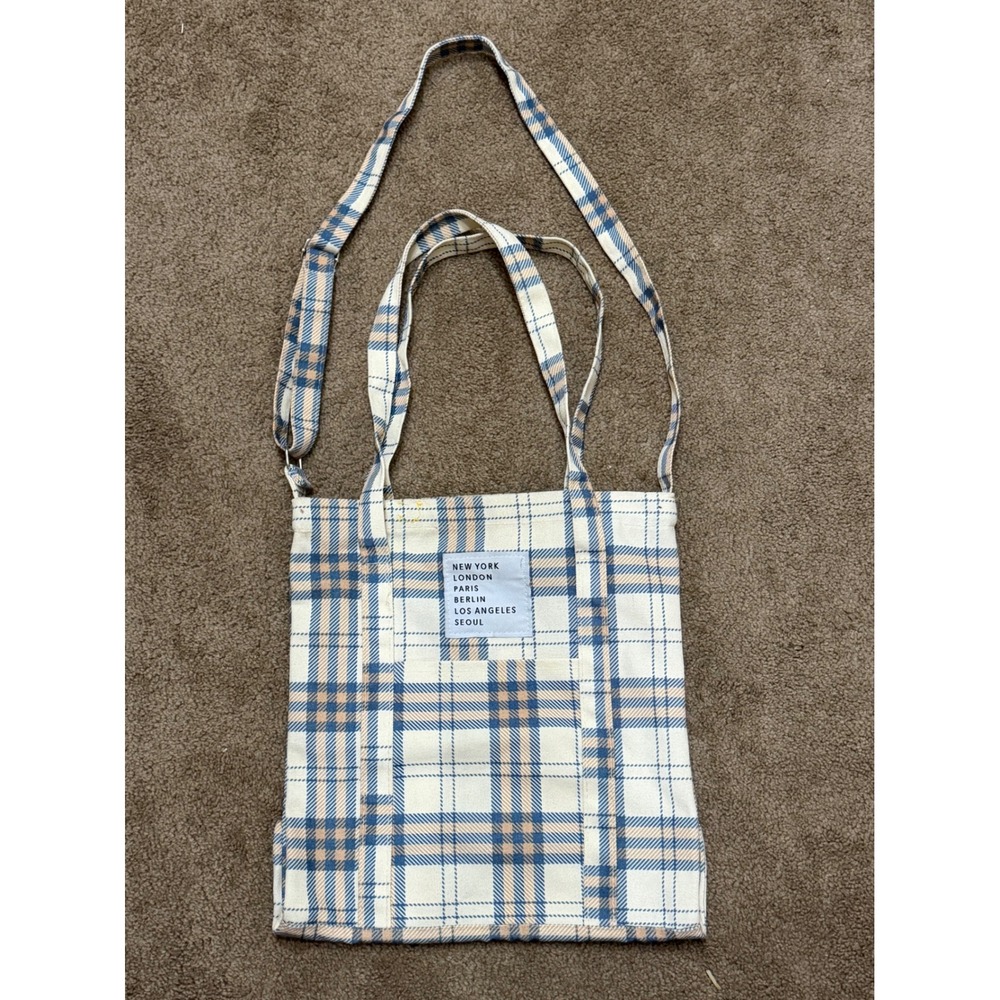 Unbranded Plaid Tote Bag Womens Medium Blue Tan Good Crossbody Strap Cities